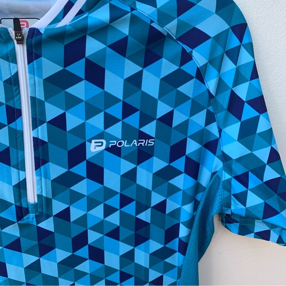 Polaris Ladies UK 16 Cycling Jersey Blue Triangle 1/4 Zip Geometric Short Sleeve - Picture 3 of 9